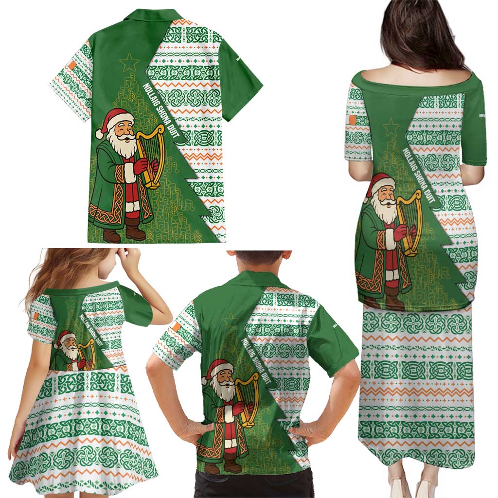 Ireland Christmas Family Matching Puletasi and Hawaiian Shirt with Celtic Harp Santa and Green Holiday Pattern - Wonder Print Shop