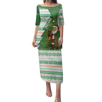 Ireland Christmas Family Matching Puletasi and Hawaiian Shirt with Celtic Harp Santa and Green Holiday Pattern - Wonder Print Shop