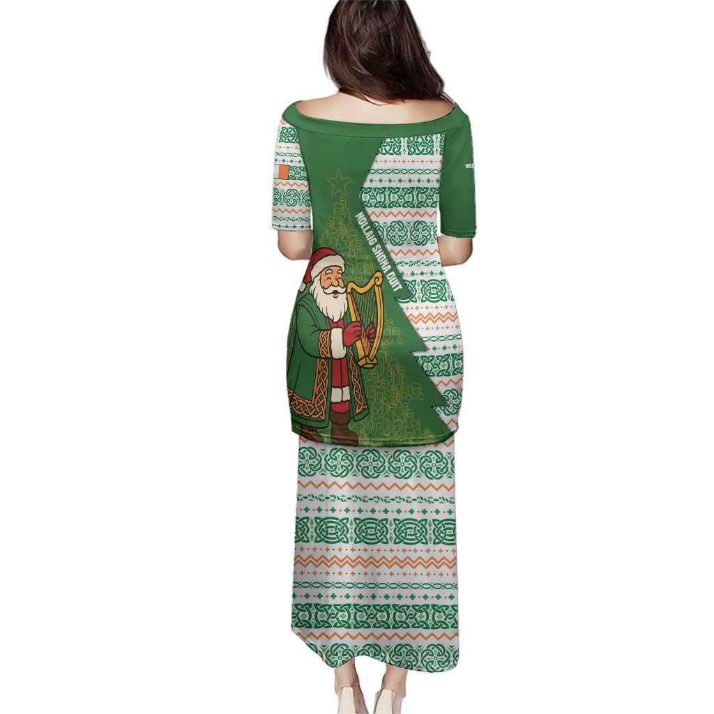 Ireland Christmas Family Matching Puletasi and Hawaiian Shirt with Celtic Harp Santa and Green Holiday Pattern - Wonder Print Shop