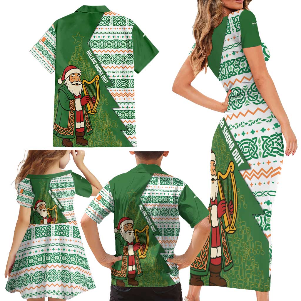 Ireland Christmas Family Matching Short Sleeve Bodycon Dress and Hawaiian Shirt with Celtic Harp Santa and Green Holiday Pattern - Wonder Print Shop