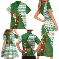 Ireland Christmas Family Matching Short Sleeve Bodycon Dress and Hawaiian Shirt with Celtic Harp Santa and Green Holiday Pattern - Wonder Print Shop