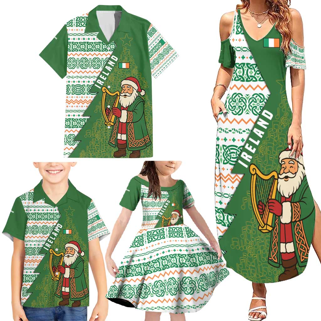 Ireland Christmas Family Matching Summer Maxi Dress and Hawaiian Shirt with Celtic Harp Santa and Green Holiday Pattern - Wonder Print Shop