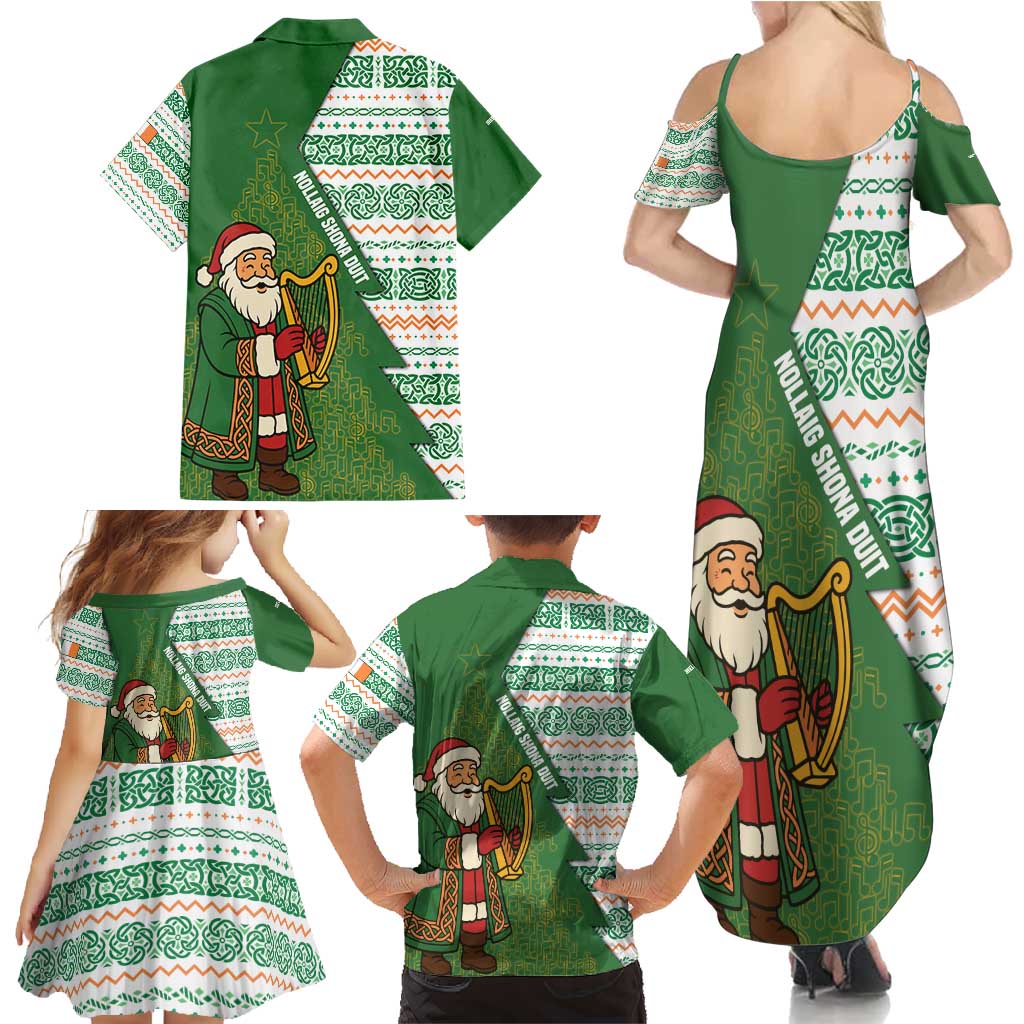 Ireland Christmas Family Matching Summer Maxi Dress and Hawaiian Shirt with Celtic Harp Santa and Green Holiday Pattern - Wonder Print Shop