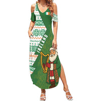Ireland Christmas Family Matching Summer Maxi Dress and Hawaiian Shirt with Celtic Harp Santa and Green Holiday Pattern - Wonder Print Shop