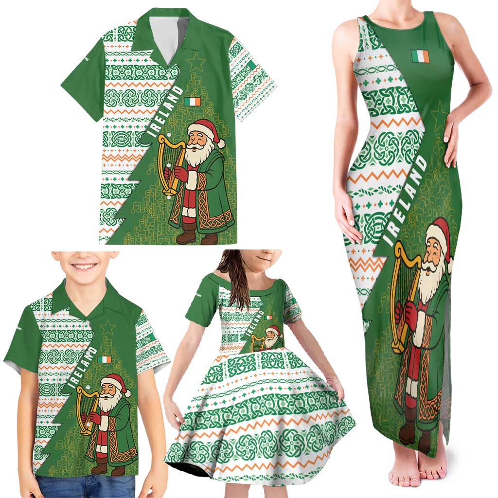 Ireland Christmas Family Matching Tank Maxi Dress and Hawaiian Shirt with Celtic Harp Santa and Green Holiday Pattern - Wonder Print Shop