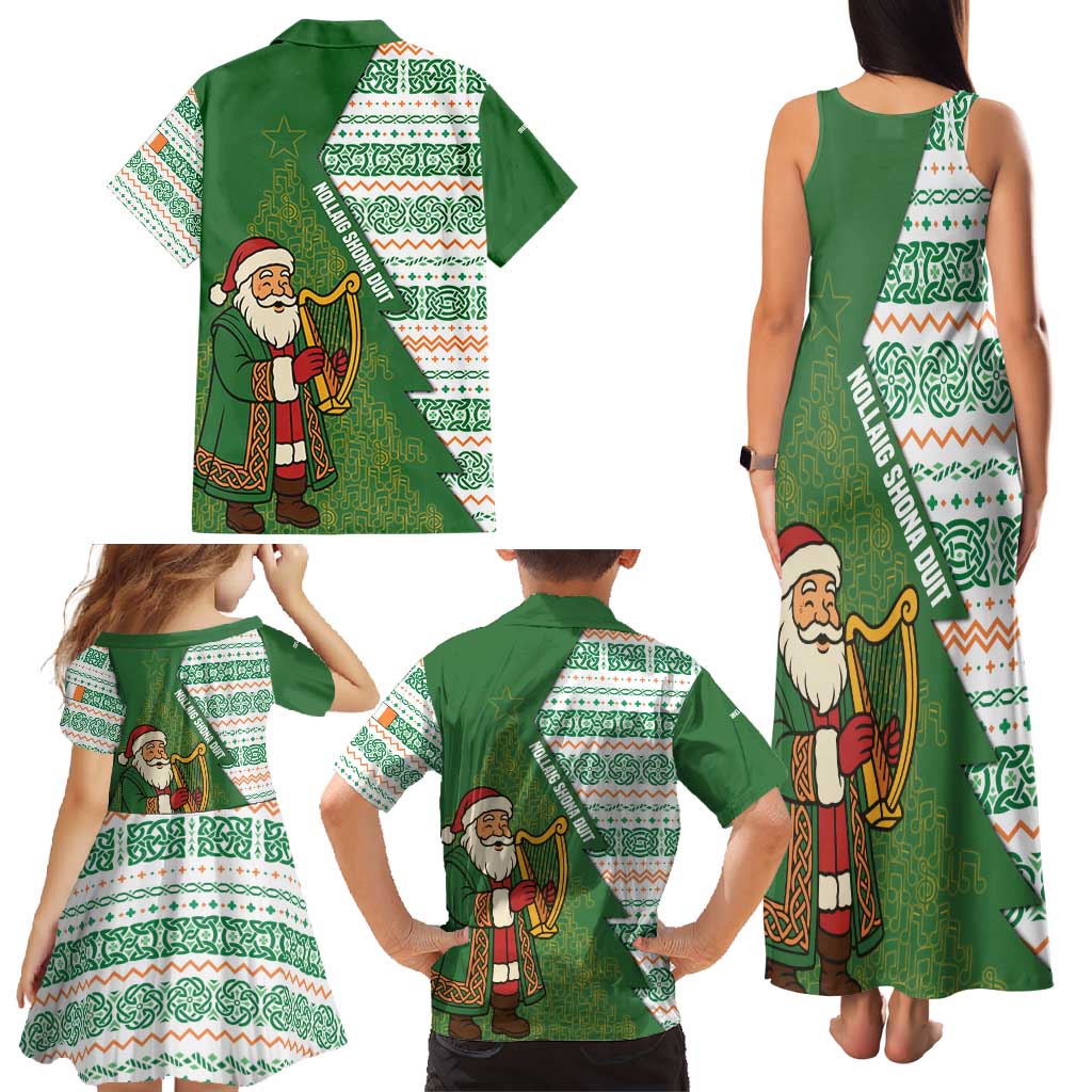 Ireland Christmas Family Matching Tank Maxi Dress and Hawaiian Shirt with Celtic Harp Santa and Green Holiday Pattern - Wonder Print Shop