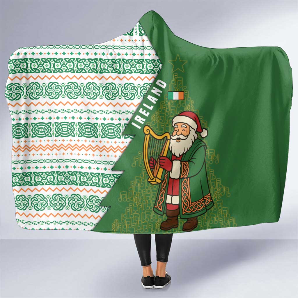 Ireland Christmas Hooded Blanket with Celtic Harp Santa and Green Holiday Pattern - Wonder Print Shop