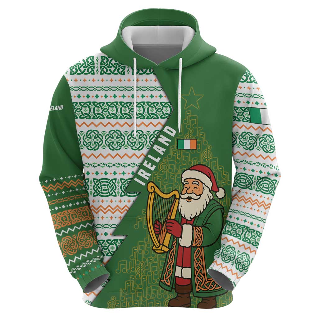 Ireland Christmas Hoodie with Celtic Harp Santa and Green Holiday Pattern - Wonder Print Shop