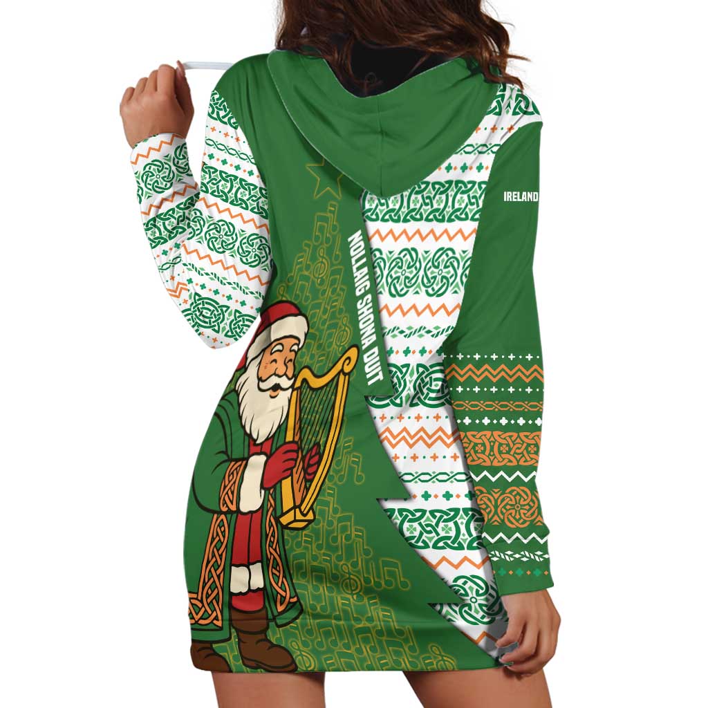 Ireland Christmas Hoodie Dress with Celtic Harp Santa and Green Holiday Pattern - Wonder Print Shop