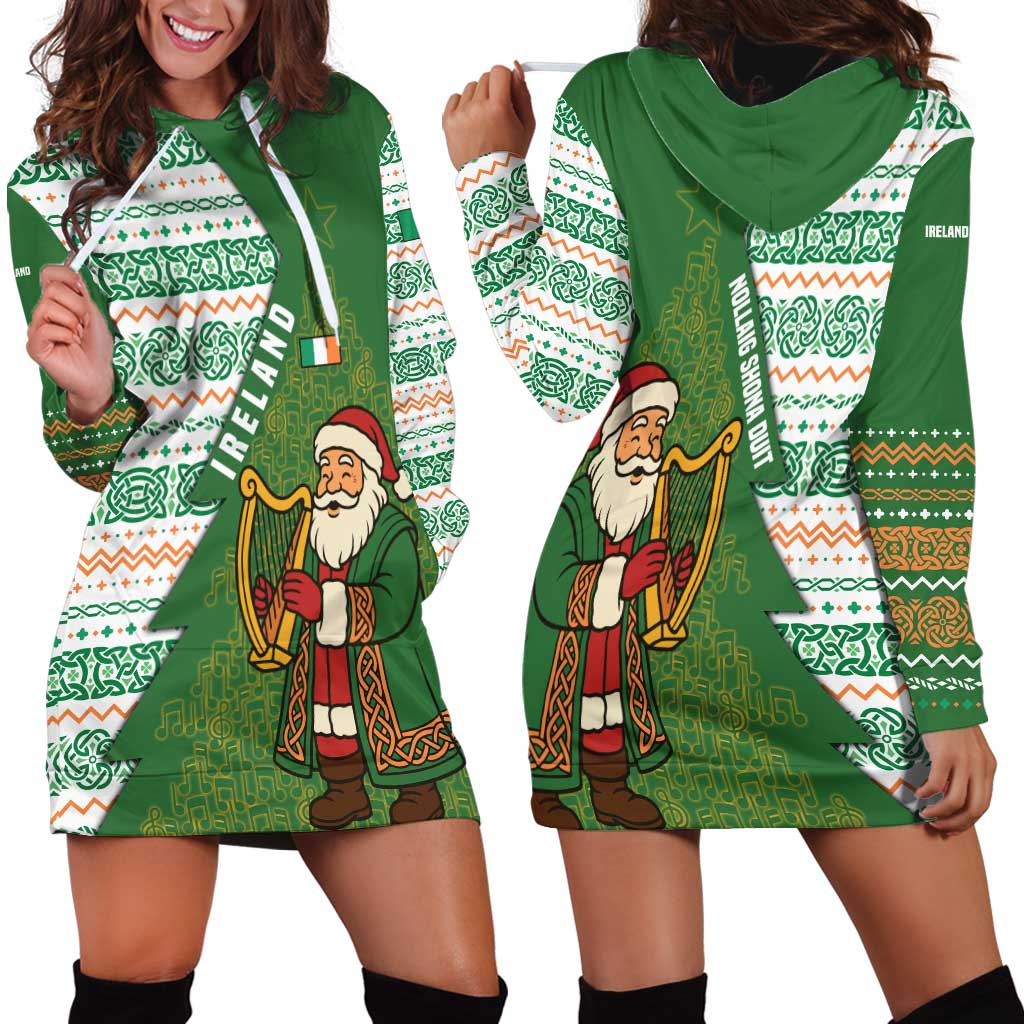 Ireland Christmas Hoodie Dress with Celtic Harp Santa and Green Holiday Pattern - Wonder Print Shop