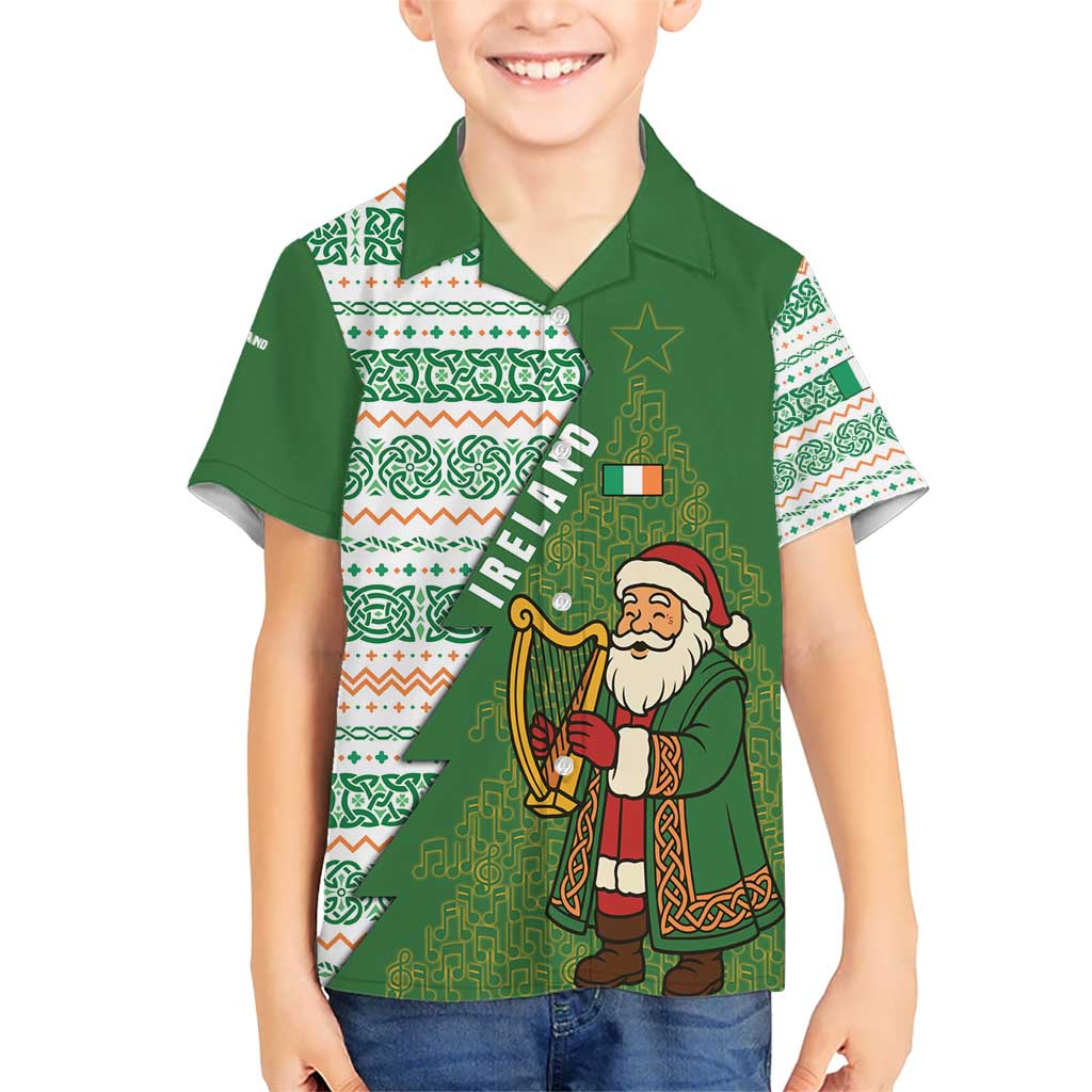 Ireland Christmas Kid Hawaiian Shirt with Celtic Harp Santa and Green Holiday Pattern - Wonder Print Shop