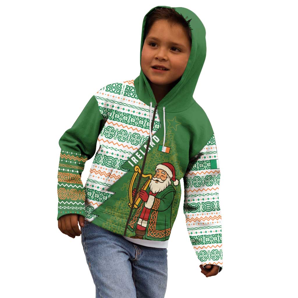 Ireland Christmas Kid Hoodie with Celtic Harp Santa and Green Holiday Pattern - Wonder Print Shop