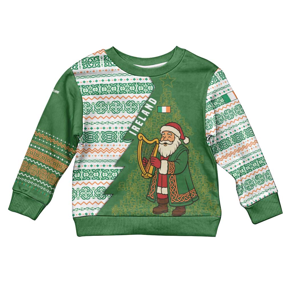 Ireland Christmas Kid Ugly Christmas Sweater with Celtic Harp Santa and Green Holiday Pattern - Wonder Print Shop