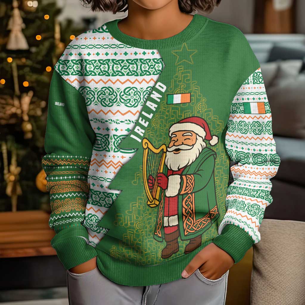 Ireland Christmas Kid Ugly Christmas Sweater with Celtic Harp Santa and Green Holiday Pattern - Wonder Print Shop