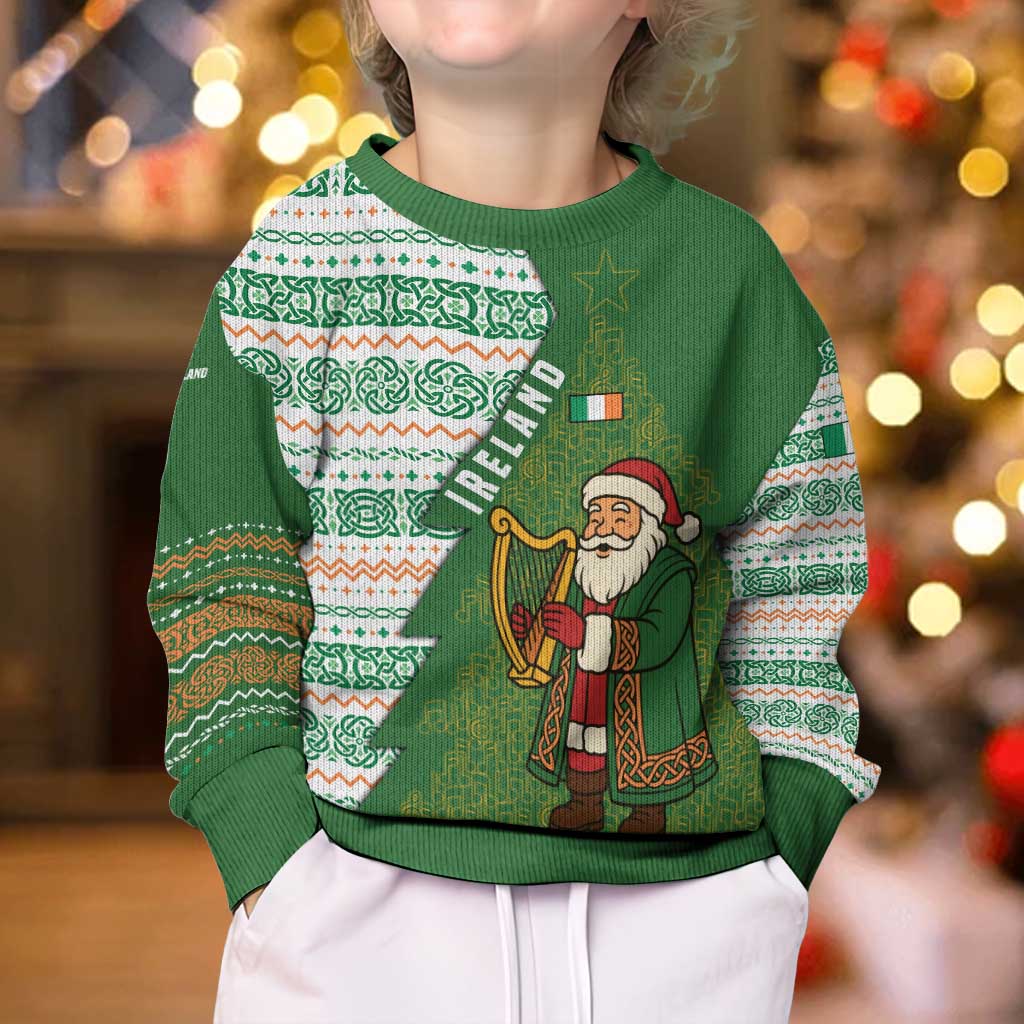 Ireland Christmas Kid Ugly Christmas Sweater with Celtic Harp Santa and Green Holiday Pattern - Wonder Print Shop
