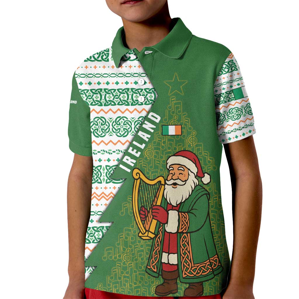 Ireland Christmas Kid Polo Shirt with Celtic Harp Santa and Green Holiday Pattern - Wonder Print Shop