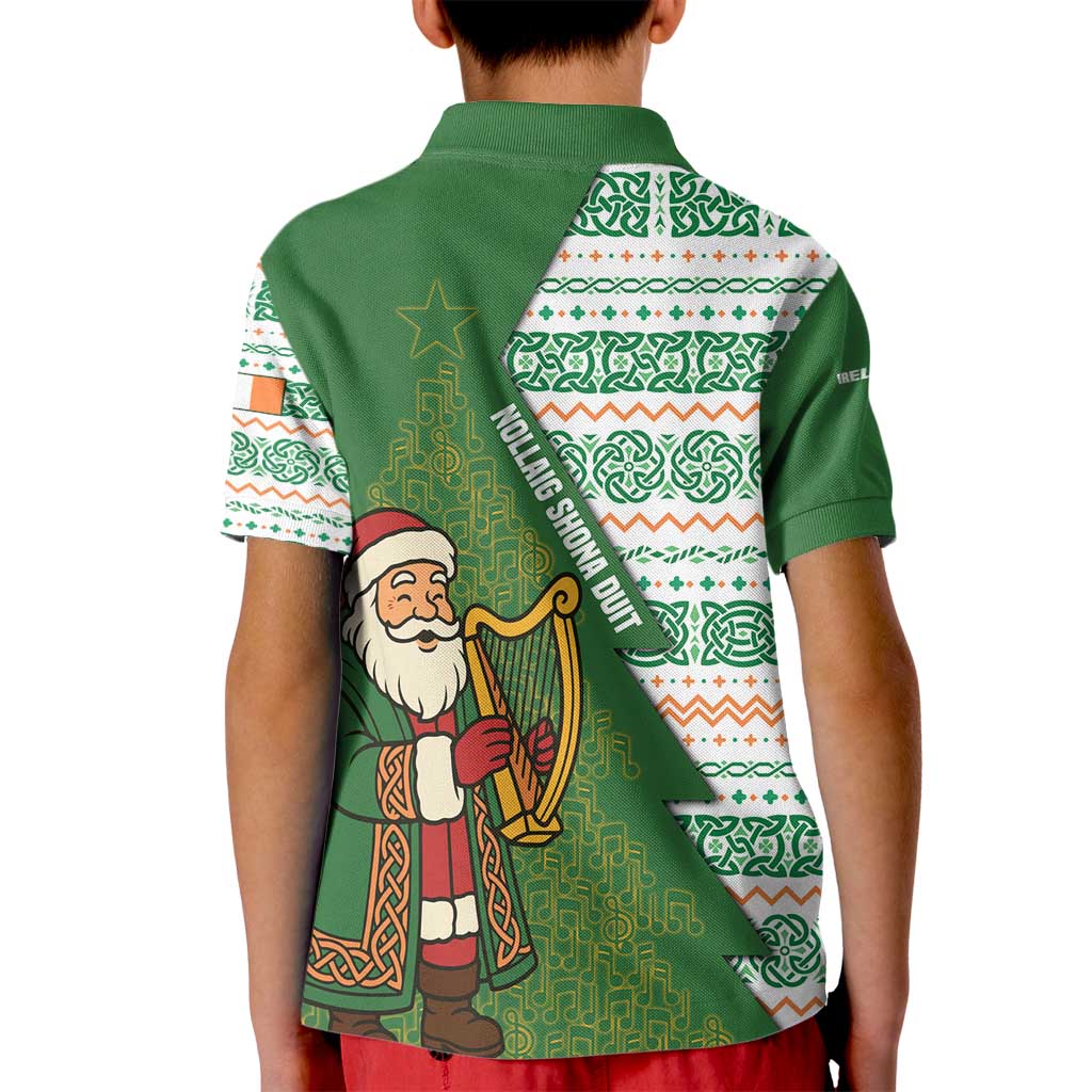 Ireland Christmas Kid Polo Shirt with Celtic Harp Santa and Green Holiday Pattern - Wonder Print Shop