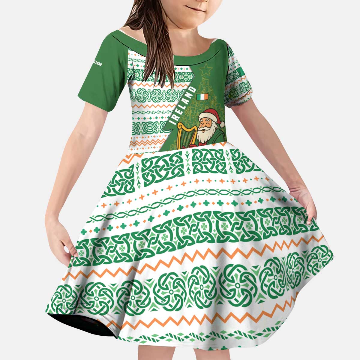 Ireland Christmas Kid Short Sleeve Dress with Celtic Harp Santa and Green Holiday Pattern - Wonder Print Shop