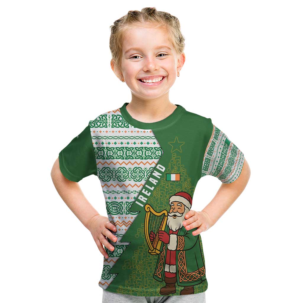 Ireland Christmas Kid T Shirt with Celtic Harp Santa and Green Holiday Pattern - Wonder Print Shop