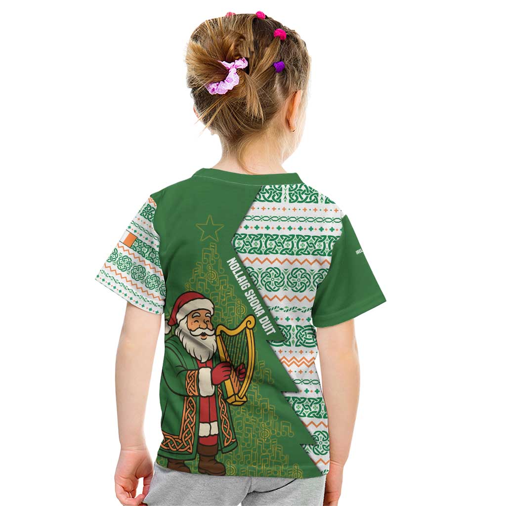 Ireland Christmas Kid T Shirt with Celtic Harp Santa and Green Holiday Pattern - Wonder Print Shop