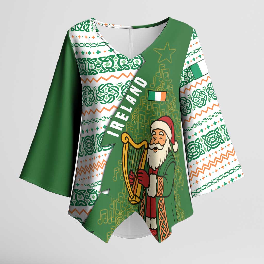 Ireland Christmas Kimono Sleeve Blouse with Celtic Harp Santa and Green Holiday Pattern - Wonder Print Shop