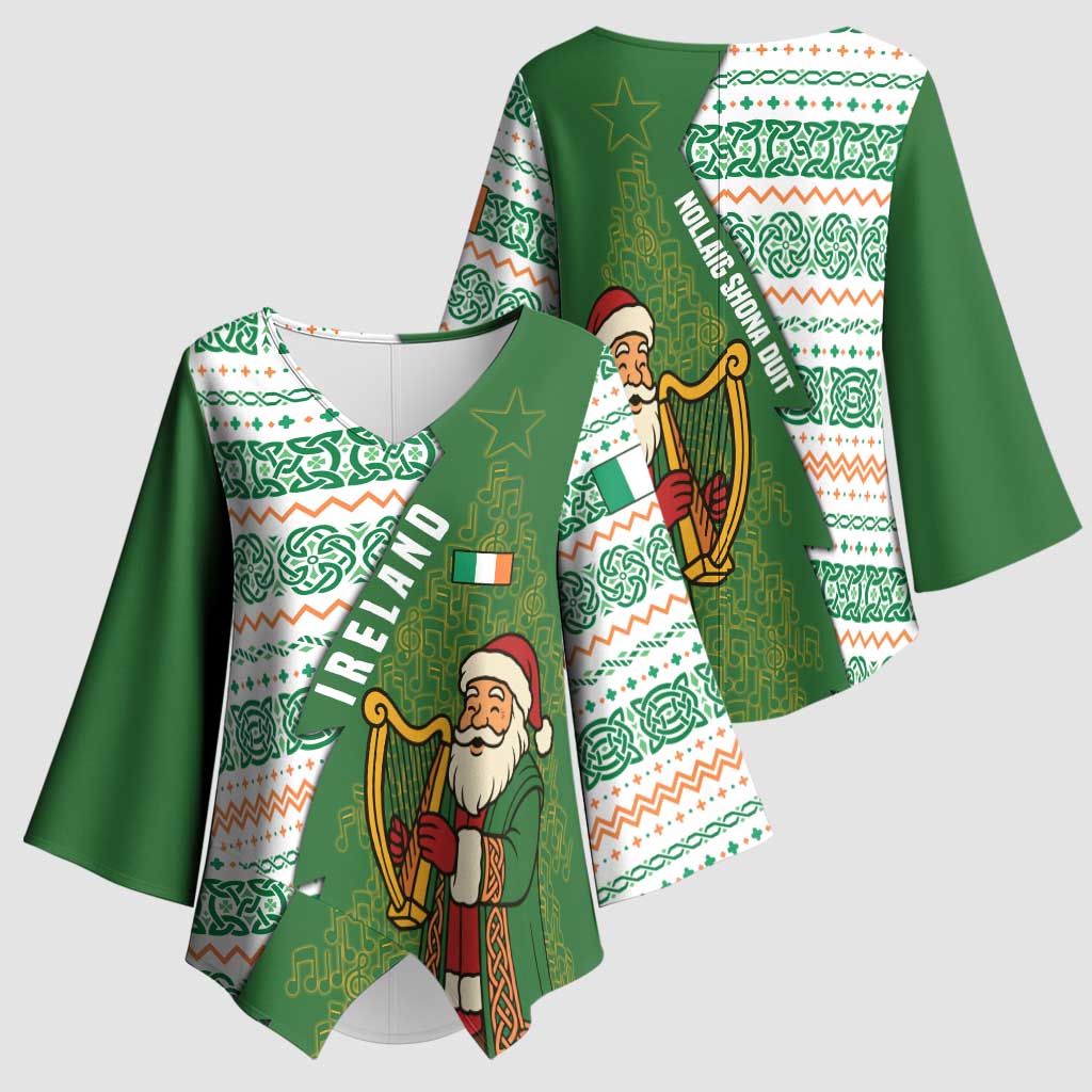 Ireland Christmas Kimono Sleeve Blouse with Celtic Harp Santa and Green Holiday Pattern - Wonder Print Shop