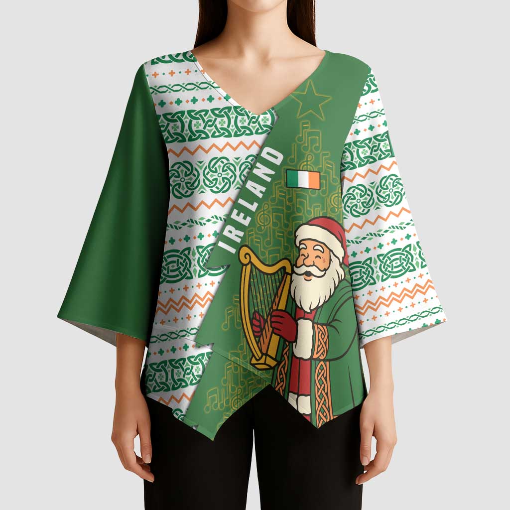 Ireland Christmas Kimono Sleeve Blouse with Celtic Harp Santa and Green Holiday Pattern - Wonder Print Shop