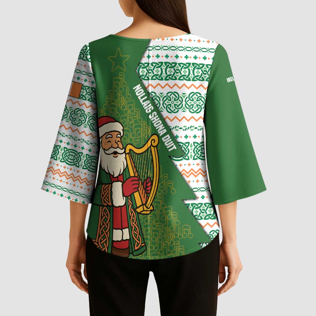Ireland Christmas Kimono Sleeve Blouse with Celtic Harp Santa and Green Holiday Pattern - Wonder Print Shop