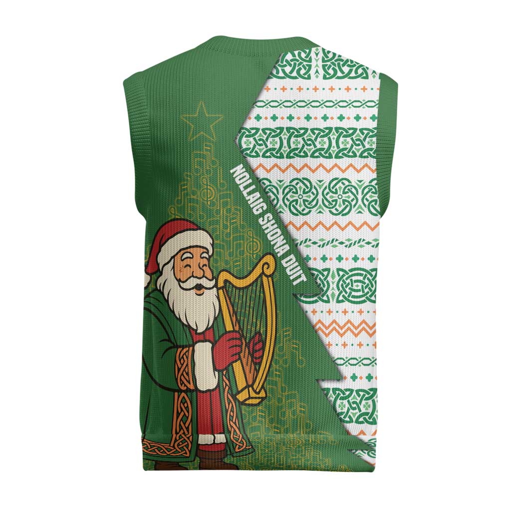 Ireland Christmas Knitted V-Neck Vest with Celtic Harp Santa and Green Holiday Pattern - Wonder Print Shop