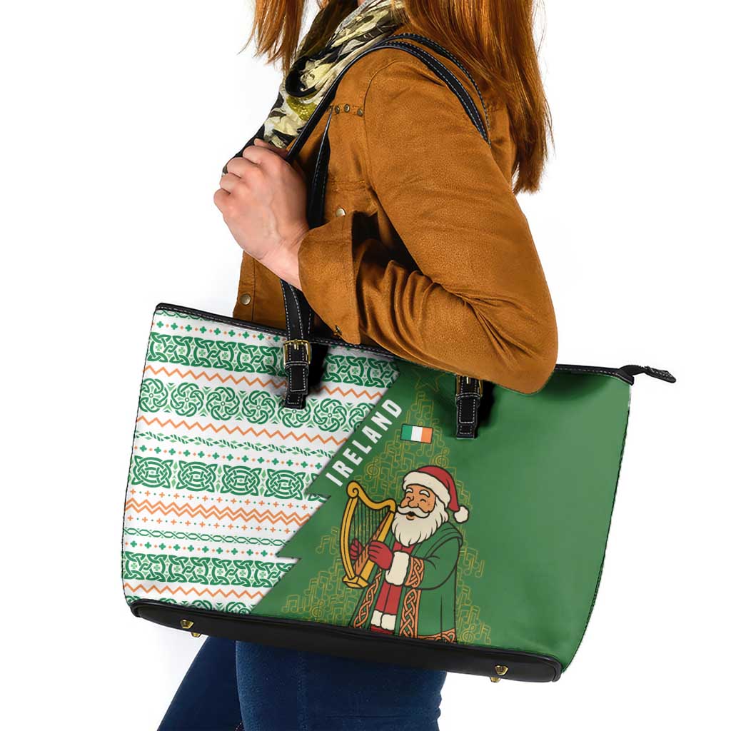 Ireland Christmas Leather Tote Bag with Celtic Harp Santa and Green Holiday Pattern - Wonder Print Shop