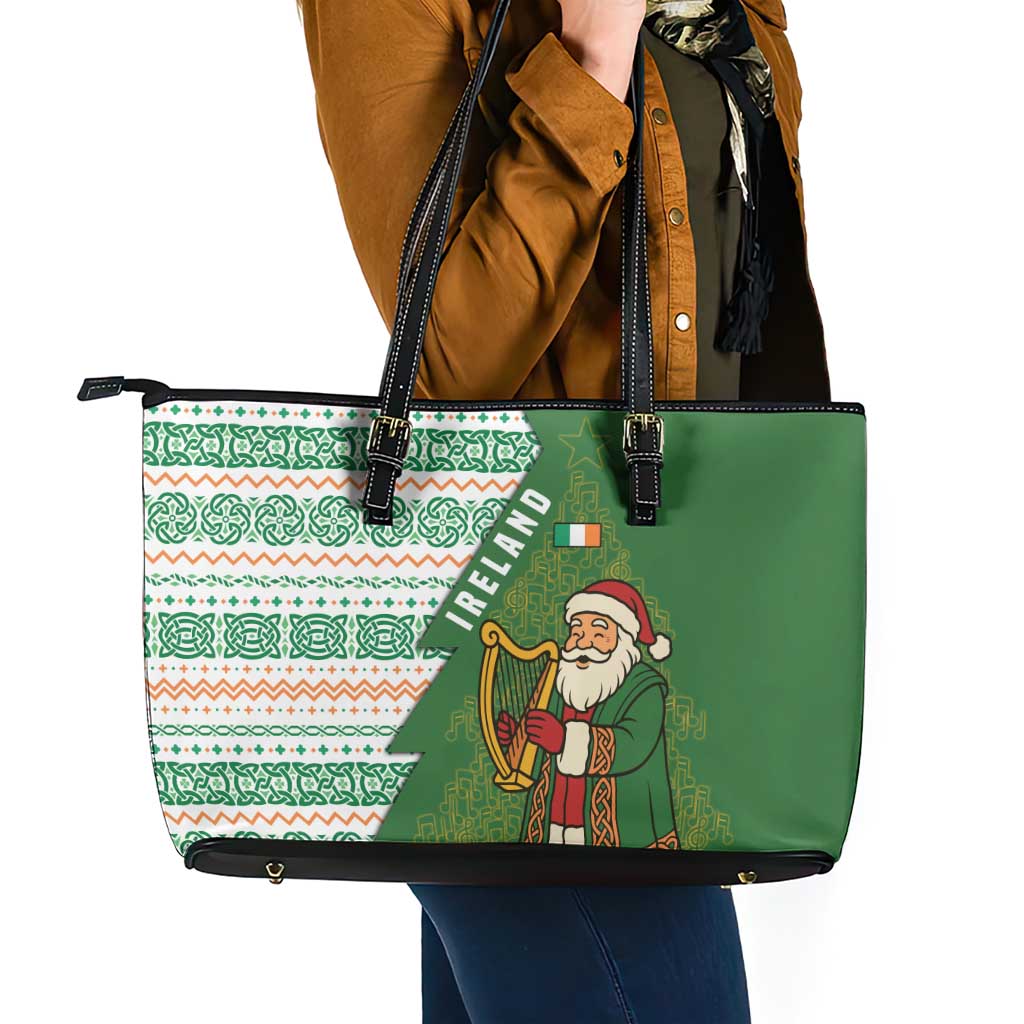 Ireland Christmas Leather Tote Bag with Celtic Harp Santa and Green Holiday Pattern - Wonder Print Shop