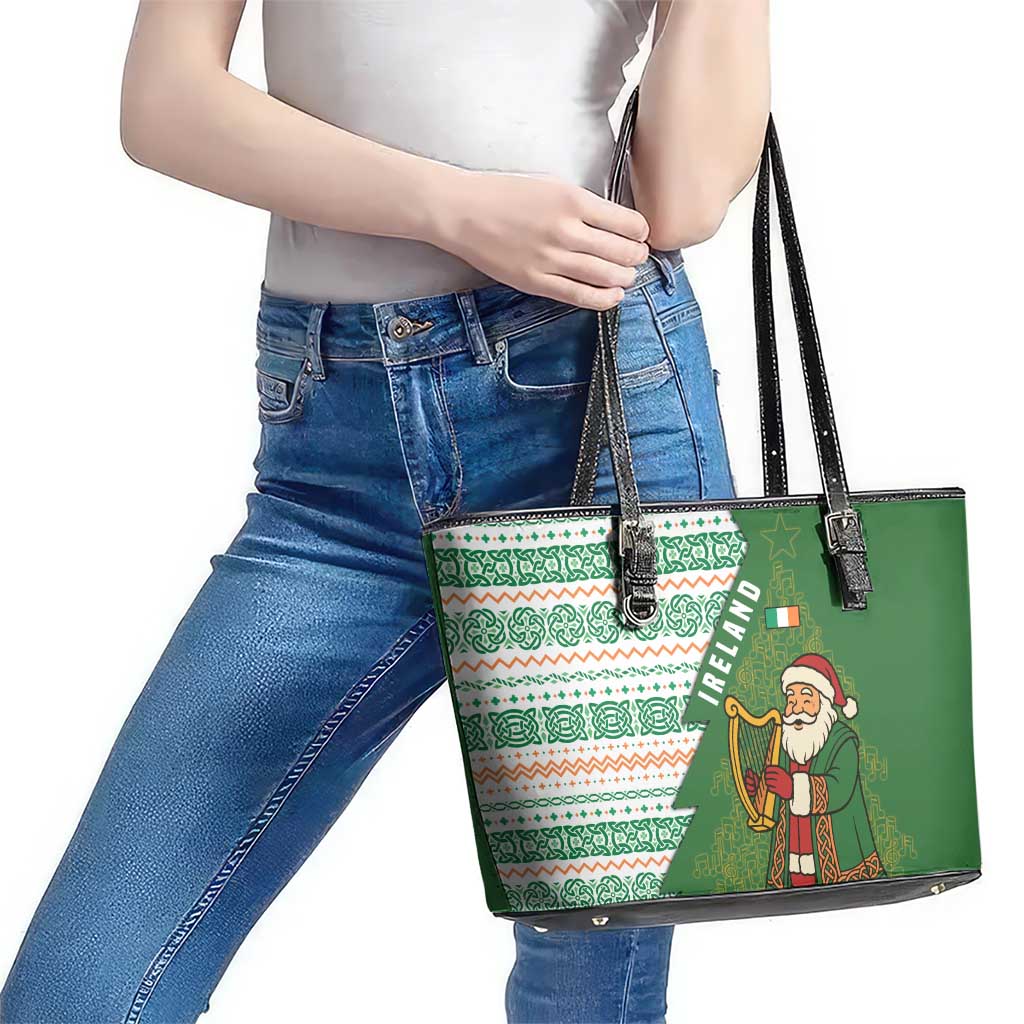 Ireland Christmas Leather Tote Bag with Celtic Harp Santa and Green Holiday Pattern - Wonder Print Shop
