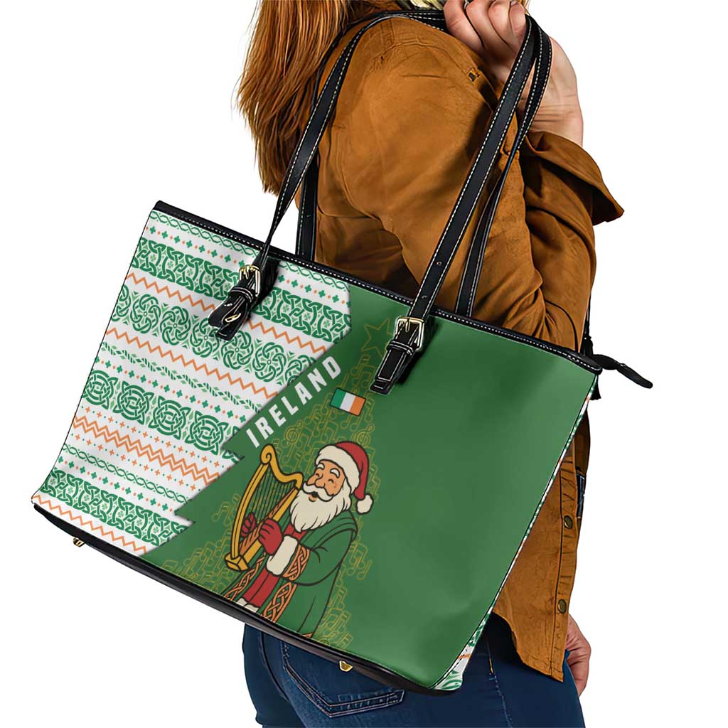 Ireland Christmas Leather Tote Bag with Celtic Harp Santa and Green Holiday Pattern - Wonder Print Shop