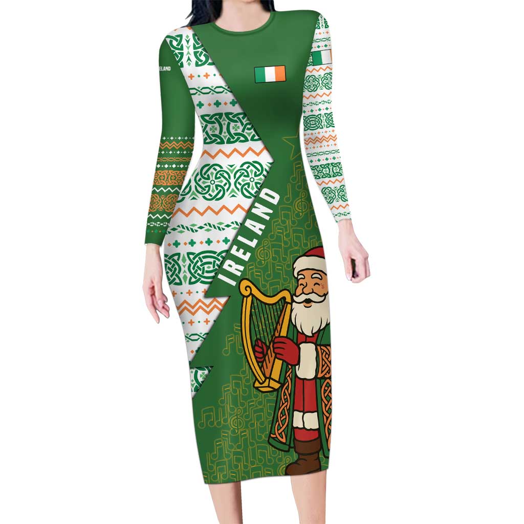 Ireland Christmas Long Sleeve Bodycon Dress with Celtic Harp Santa and Green Holiday Pattern - Wonder Print Shop