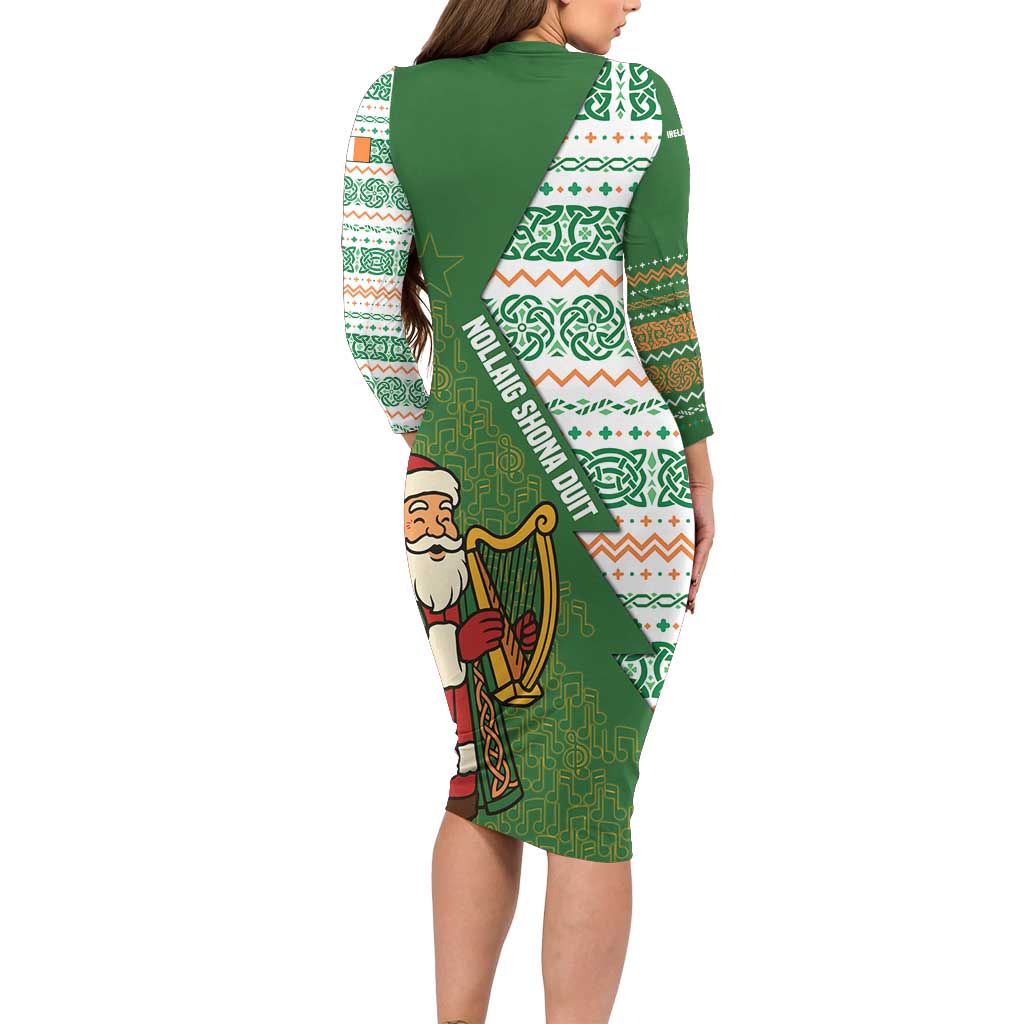 Ireland Christmas Long Sleeve Bodycon Dress with Celtic Harp Santa and Green Holiday Pattern - Wonder Print Shop