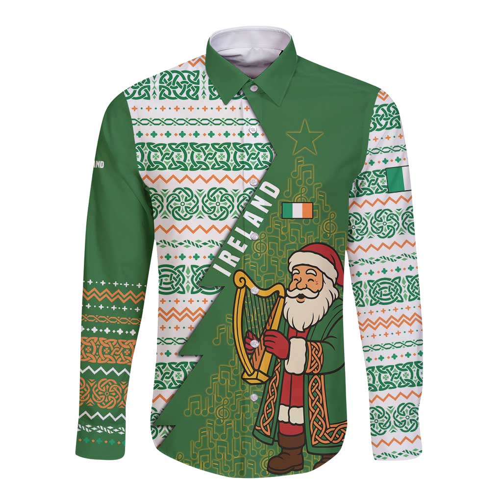 Ireland Christmas Long Sleeve Button Shirt with Celtic Harp Santa and Green Holiday Pattern - Wonder Print Shop