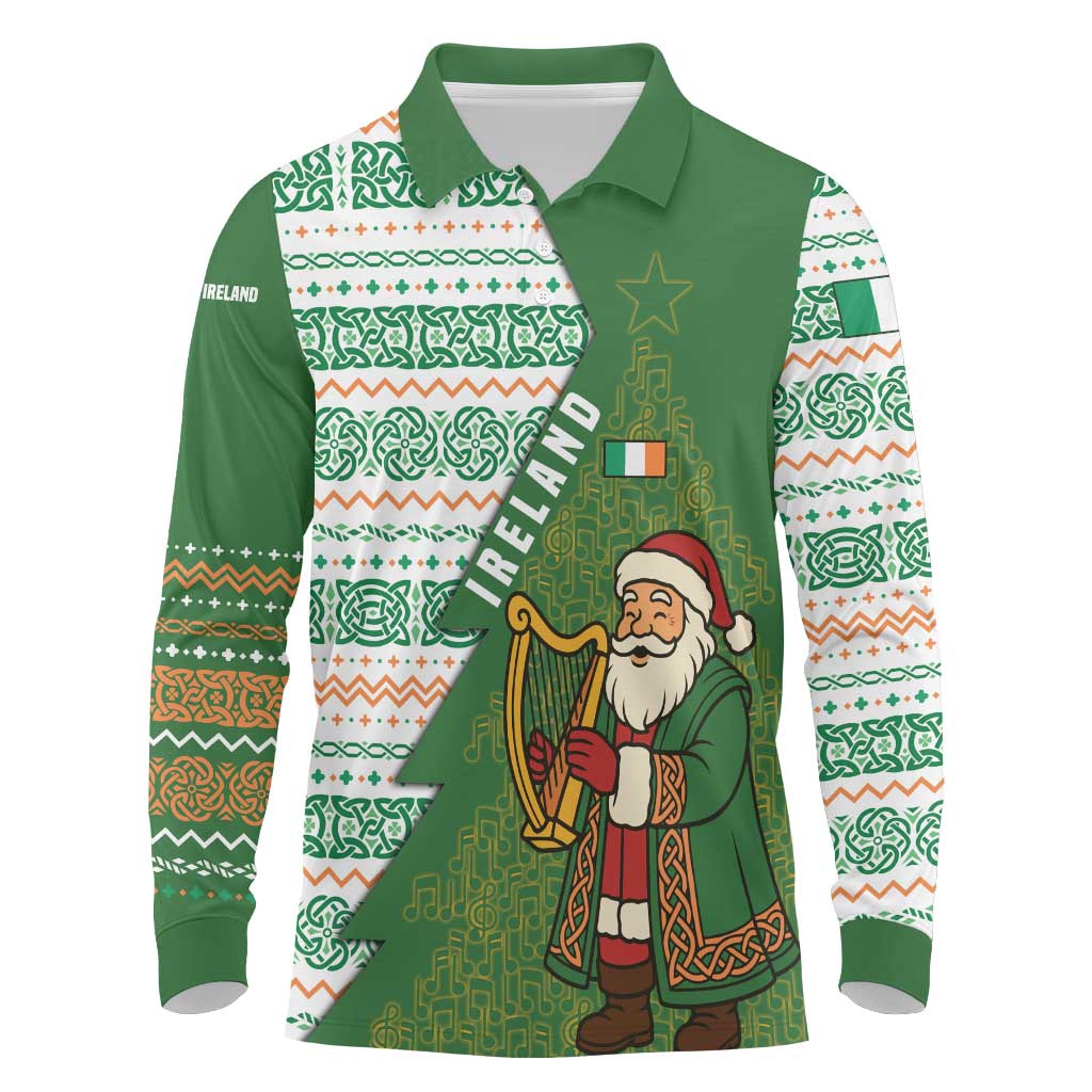 Ireland Christmas Long Sleeve Polo Shirt with Celtic Harp Santa and Green Holiday Pattern - Wonder Print Shop