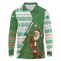 Ireland Christmas Long Sleeve Polo Shirt with Celtic Harp Santa and Green Holiday Pattern - Wonder Print Shop