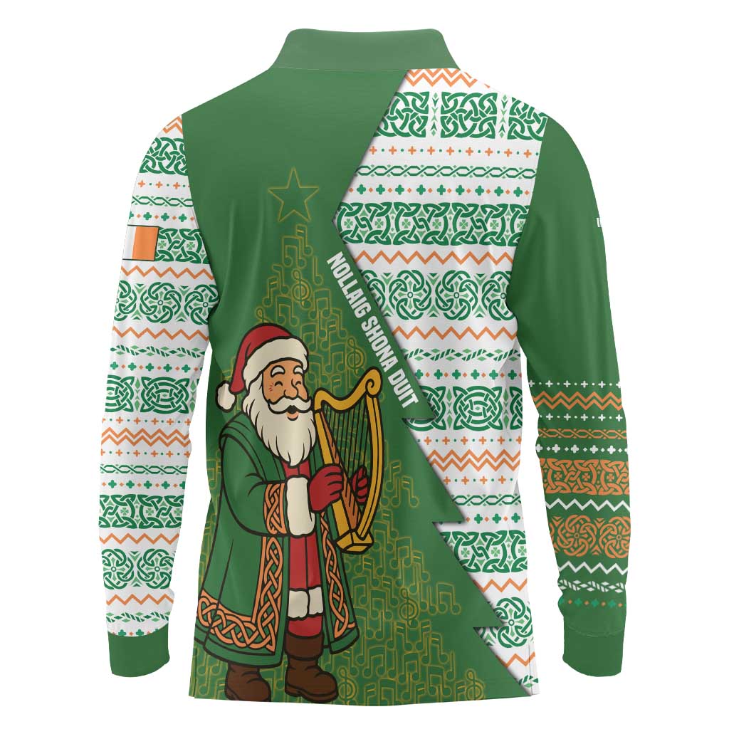 Ireland Christmas Long Sleeve Polo Shirt with Celtic Harp Santa and Green Holiday Pattern - Wonder Print Shop
