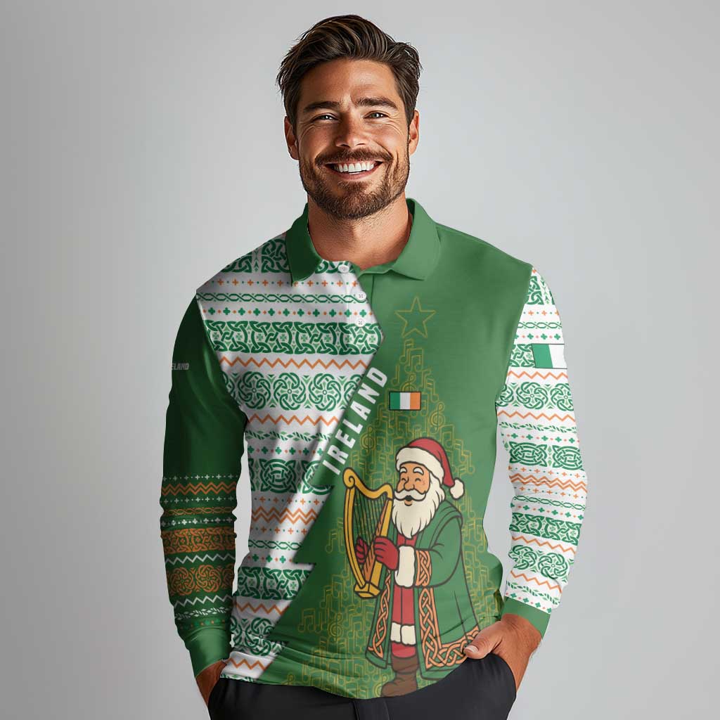 Ireland Christmas Long Sleeve Polo Shirt with Celtic Harp Santa and Green Holiday Pattern - Wonder Print Shop