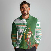 Ireland Christmas Long Sleeve Polo Shirt with Celtic Harp Santa and Green Holiday Pattern - Wonder Print Shop