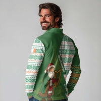Ireland Christmas Long Sleeve Polo Shirt with Celtic Harp Santa and Green Holiday Pattern - Wonder Print Shop