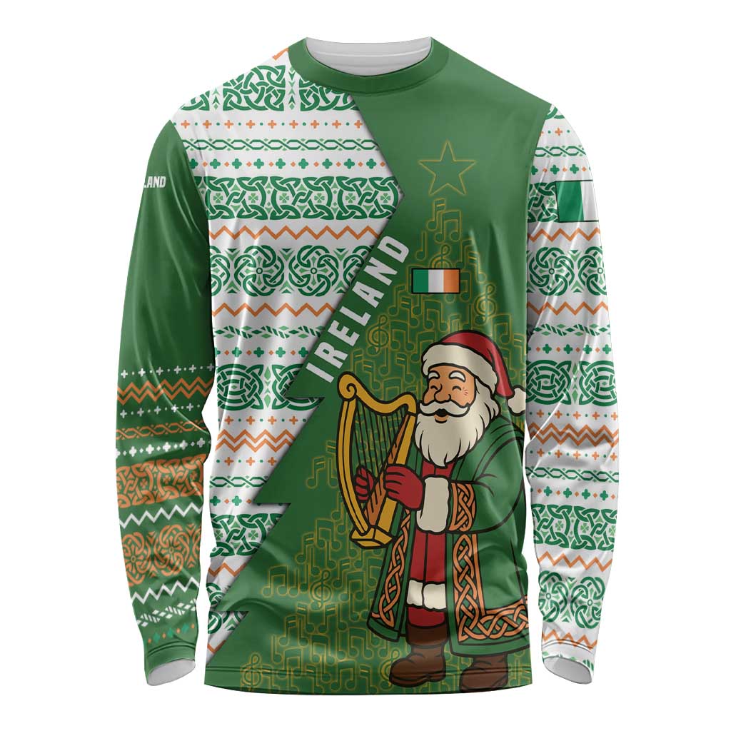 Ireland Christmas Long Sleeve Shirt with Celtic Harp Santa and Green Holiday Pattern - Wonder Print Shop