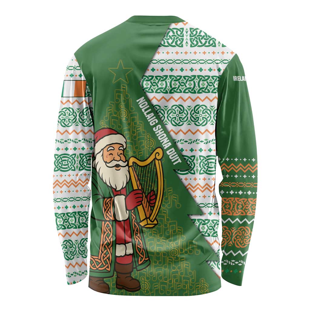 Ireland Christmas Long Sleeve Shirt with Celtic Harp Santa and Green Holiday Pattern - Wonder Print Shop