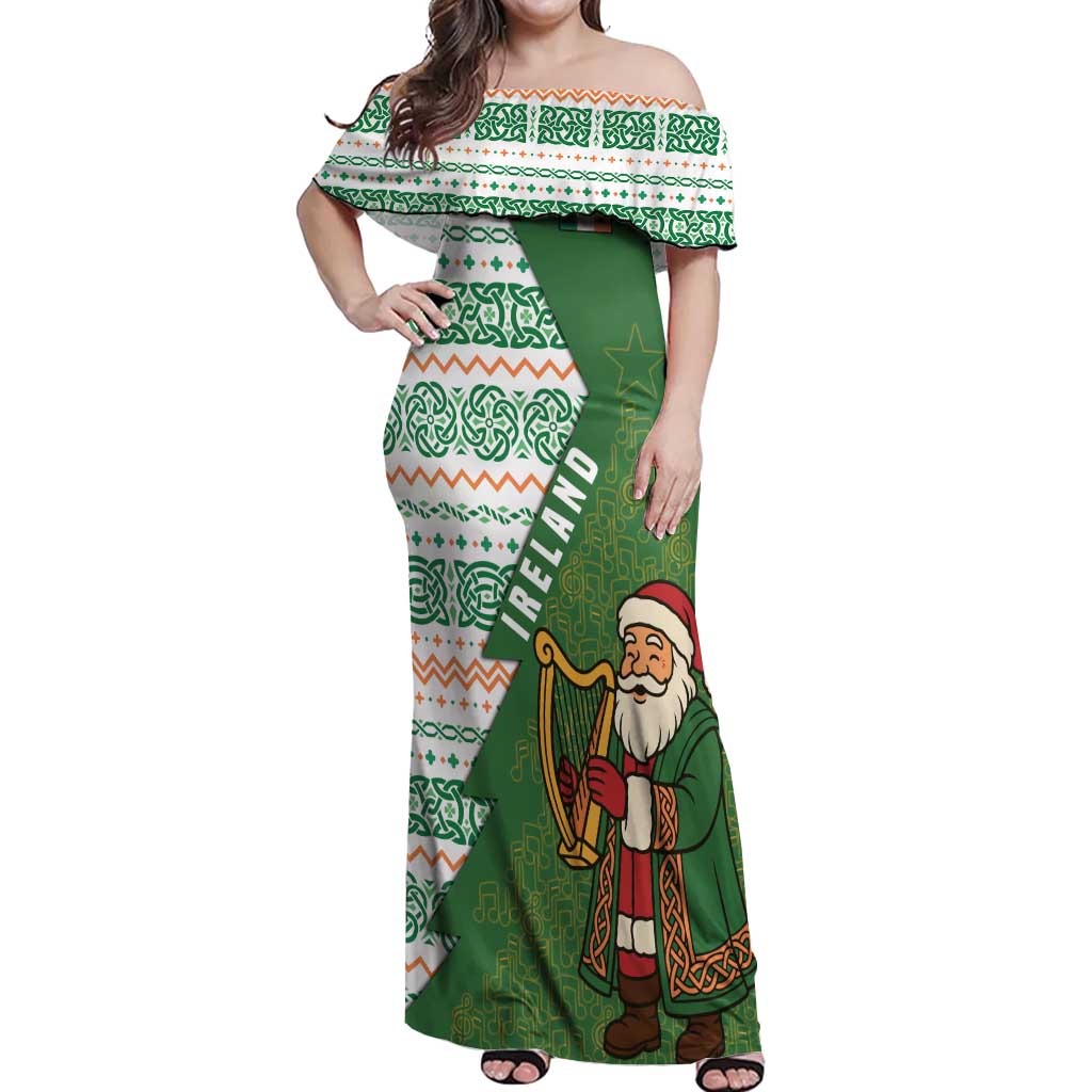 Ireland Christmas Off Shoulder Maxi Dress with Celtic Harp Santa and Green Holiday Pattern - Wonder Print Shop