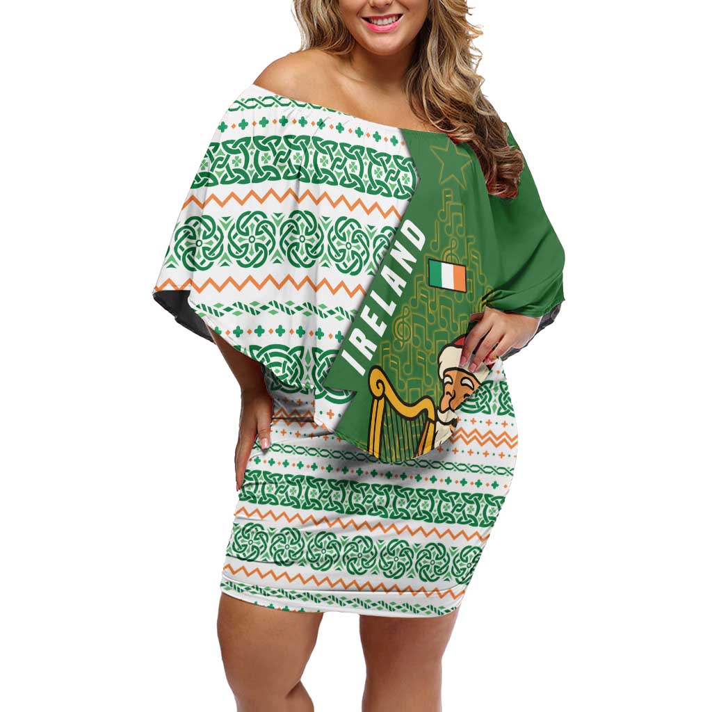 Ireland Christmas Off Shoulder Short Dress with Celtic Harp Santa and Green Holiday Pattern - Wonder Print Shop