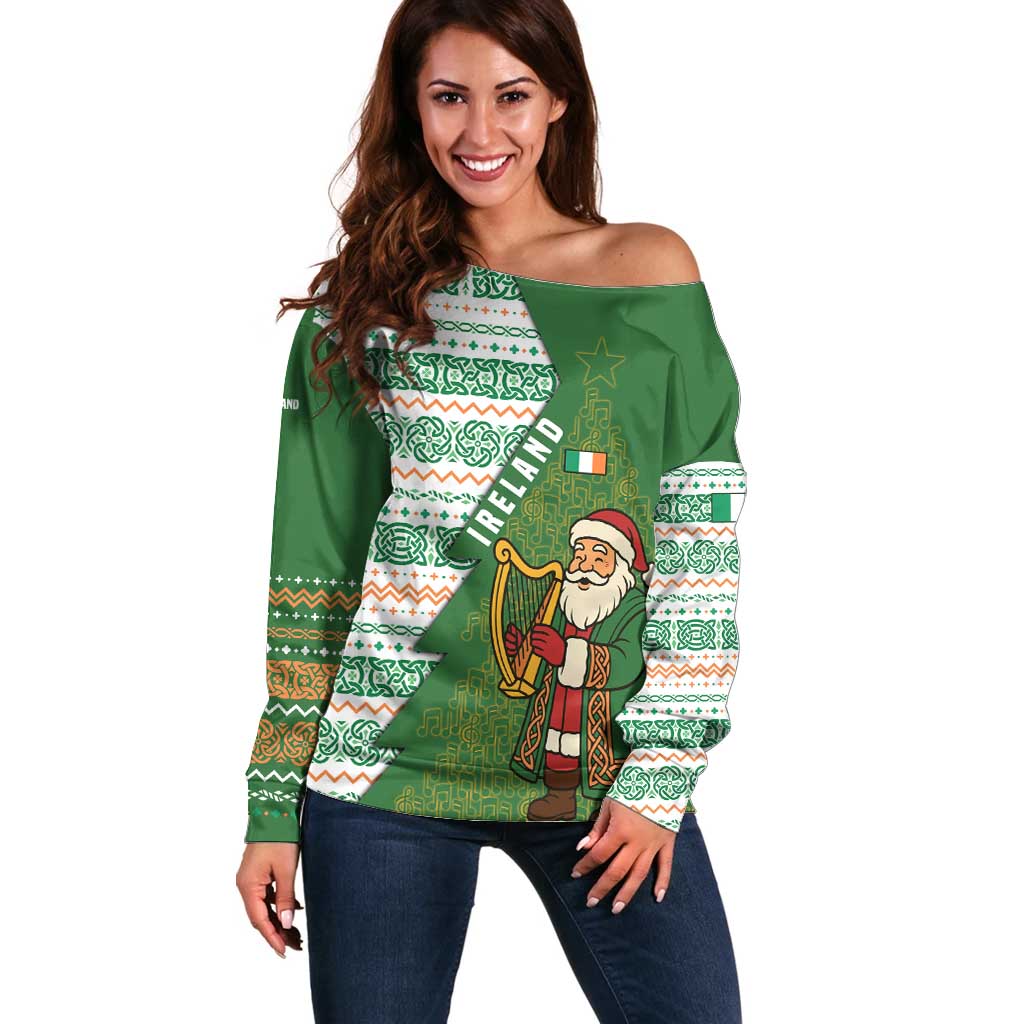 Ireland Christmas Off Shoulder Sweater with Celtic Harp Santa and Green Holiday Pattern - Wonder Print Shop