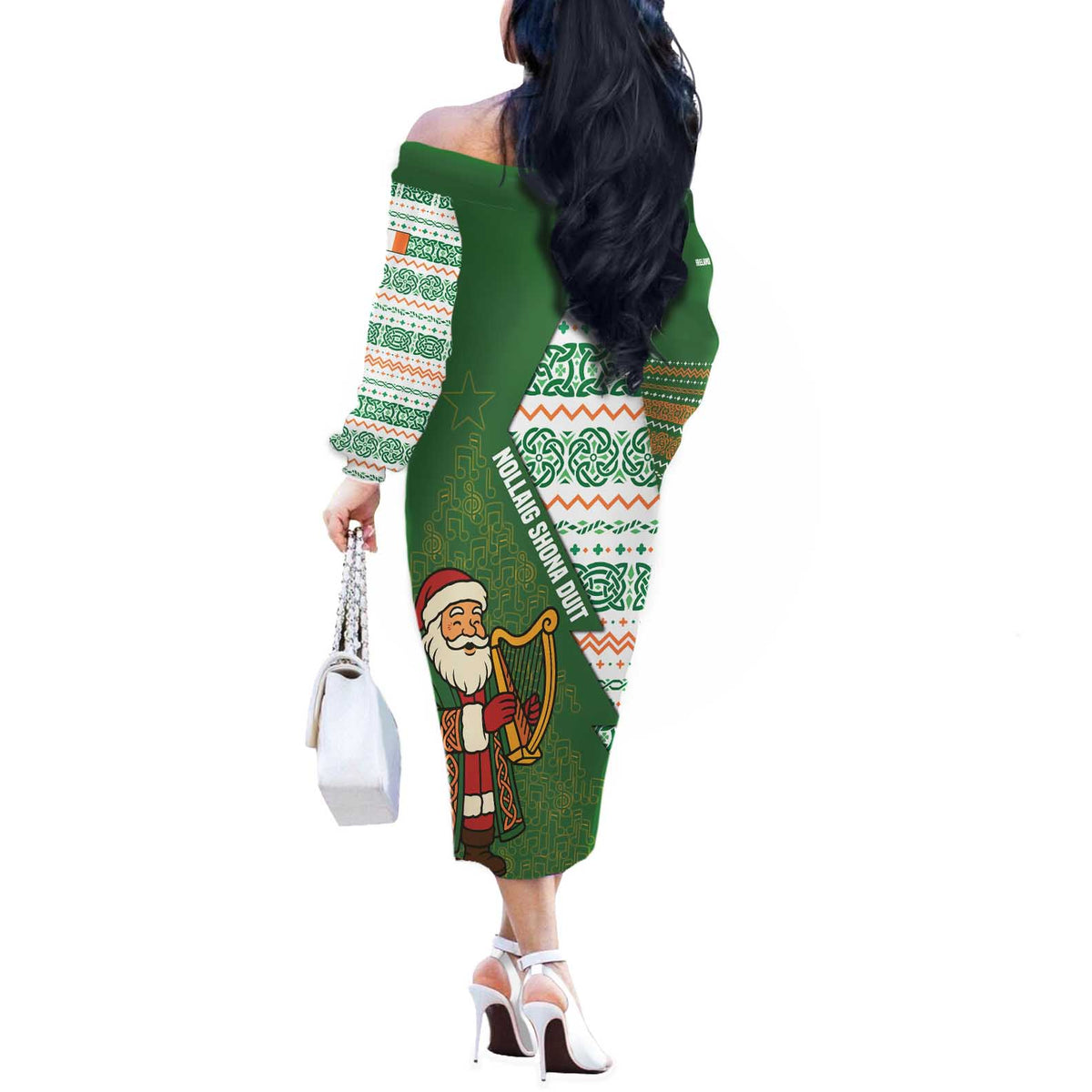 Ireland Christmas Off The Shoulder Long Sleeve Dress with Celtic Harp Santa and Green Holiday Pattern - Wonder Print Shop