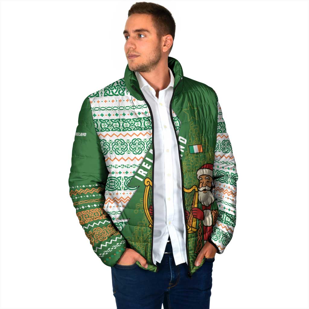 Ireland Christmas Padded Jacket with Celtic Harp Santa and Green Holiday Pattern - Wonder Print Shop