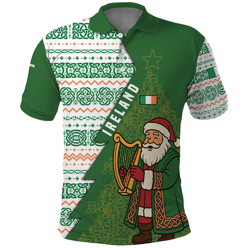 Ireland Christmas Polo Shirt with Celtic Harp Santa and Green Holiday Pattern - Wonder Print Shop
